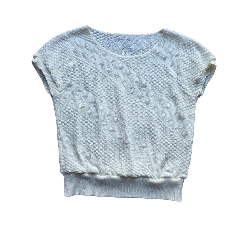 Cropped Short Sleeve Vintage Sweater Top White Knit 90s Womens Small